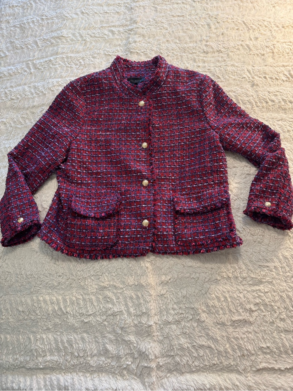 Talbots Pink Red Blue Tweed Boucle Jacket Fray Trim Pearl Button Blazer 14